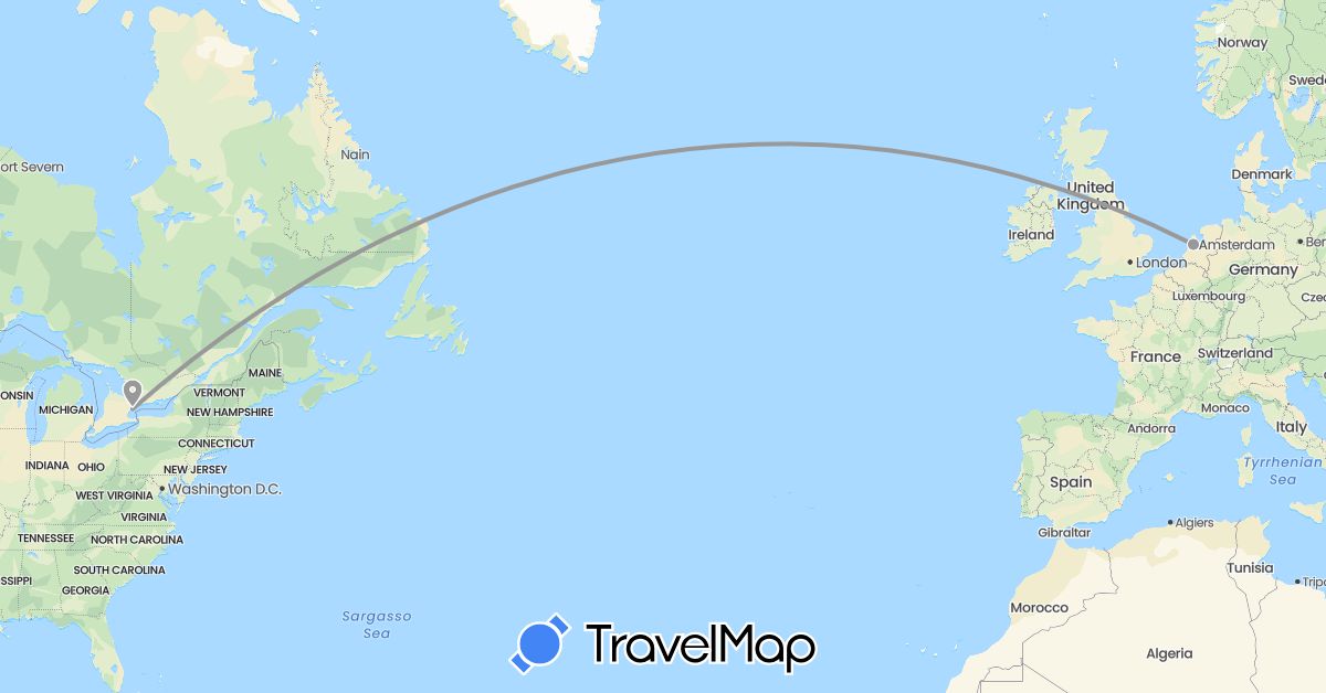 TravelMap itinerary: plane in Canada, Netherlands (Europe, North America)